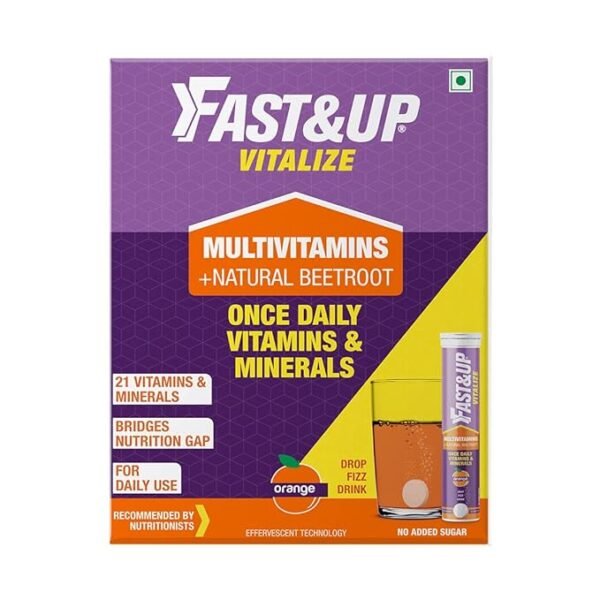 Fast&Up Vitalize - Immunity Essential Multivitamin For Men & Women (60 Effervescent Tablets, Orange Flavor) - 21 Vital Vitamins & Minerals with Vitamin C, D & Zinc For Daily Health & Immunity
