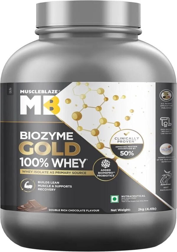 MuscleBlaze Biozyme Gold 100% Whey Protein – Double Rich Chocolate (2kg / 4.4 lbs)