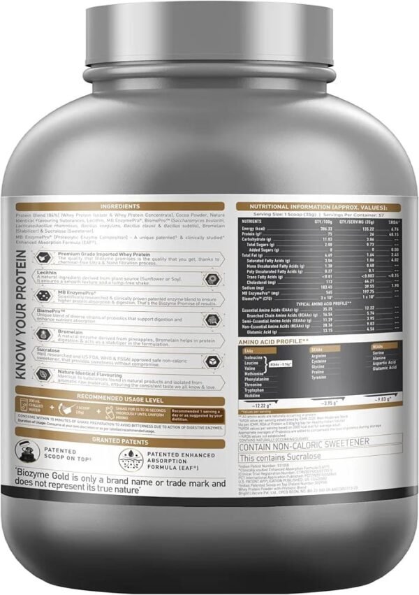 MuscleBlaze Biozyme Gold 100% Whey Protein – Double Rich Chocolate (2kg / 4.4 lbs) - Image 2